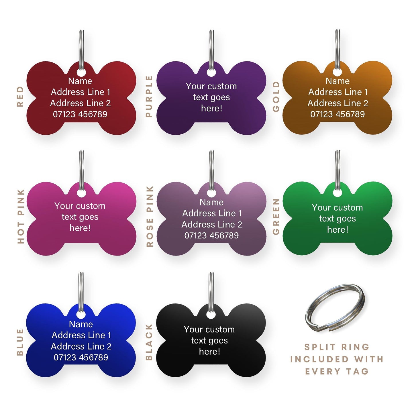 Personalised Metal Dog / Cat ID Tag for Collar - Engraved - 8 Colours - Split Ring included - Double Sided Option