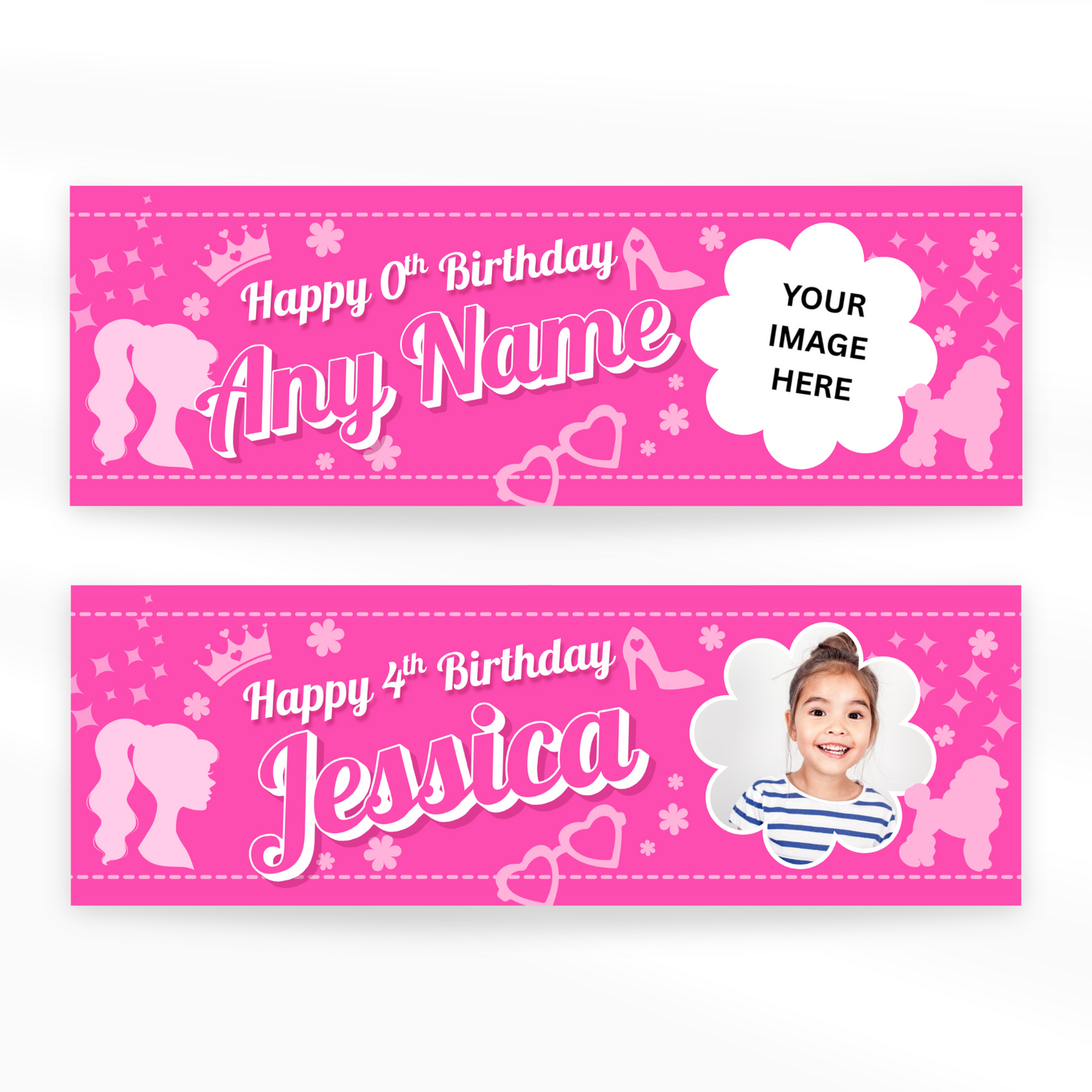 Personalised pink birthday banner for girls | custom name & age birthday sign, pink party decor, girls party, custom party banner with photo