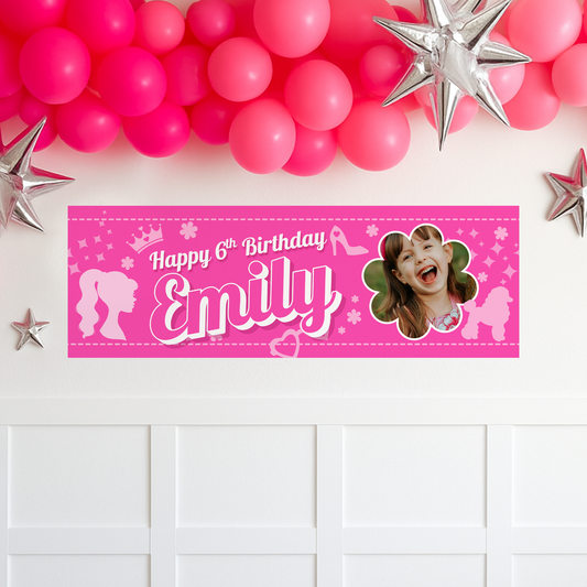 Personalised pink birthday banner for girls | custom name & age birthday sign, pink party decor, girls party, custom party banner with photo