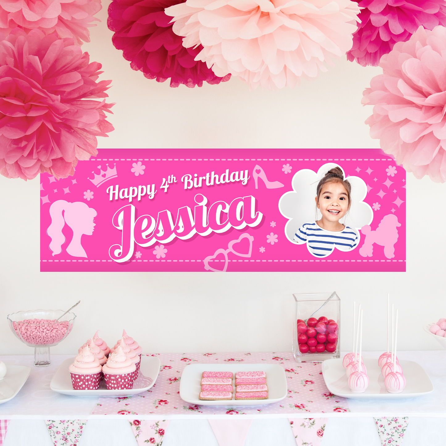 Personalised pink birthday banner for girls | custom name & age birthday sign, pink party decor, girls party, custom party banner with photo