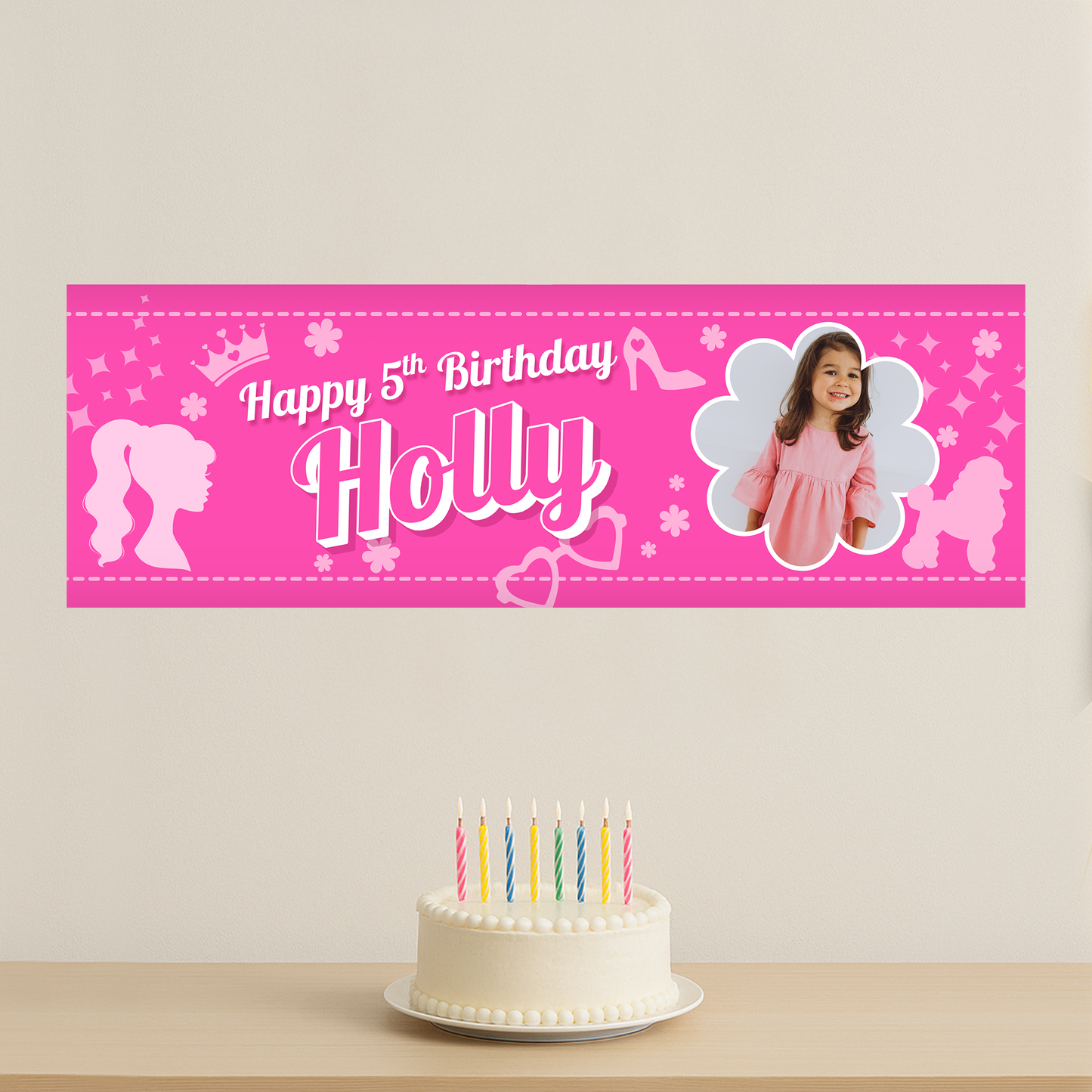 Personalised pink birthday banner for girls | custom name & age birthday sign, pink party decor, girls party, custom party banner with photo
