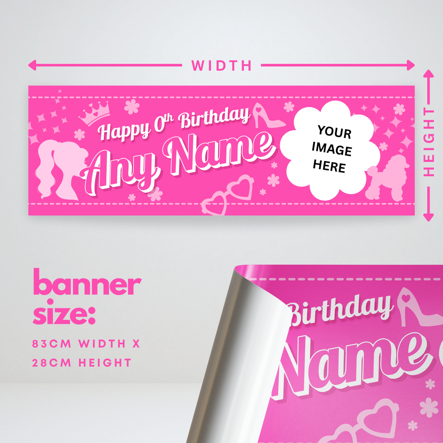 Personalised pink birthday banner for girls | custom name & age birthday sign, pink party decor, girls party, custom party banner with photo
