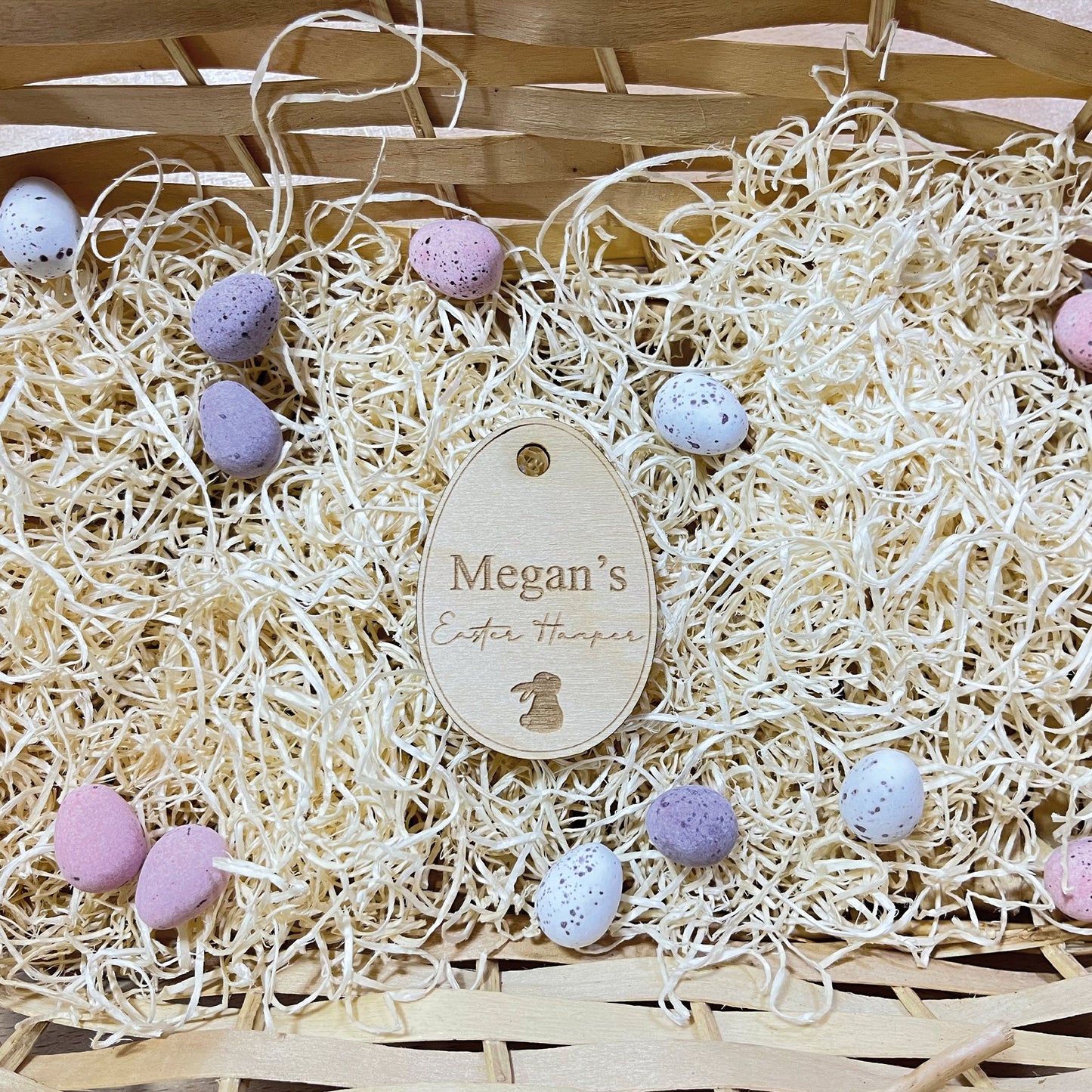 Personalised Wooden Easter Tag Egg Hamper Basket Name Tag Label Basket Tag