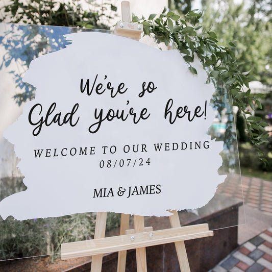 Glad You're Here - Beautiful Personalised Wedding Welcome Sign Vinyl Sticker For Board, Acrylic, Smooth Wood Or Mirror, Minimalist Decal