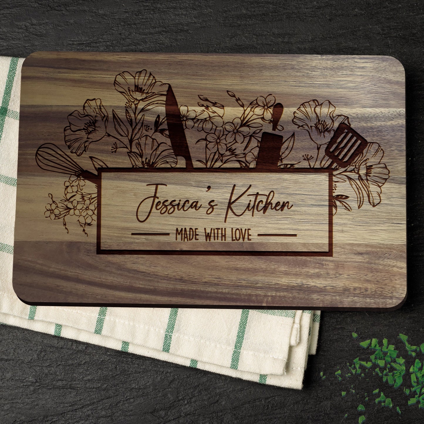 Personalised With Name & Beautifully Engraved Wooden Chopping board - Cutting Board, Kitchen, Cooking Gift -  Made With Love