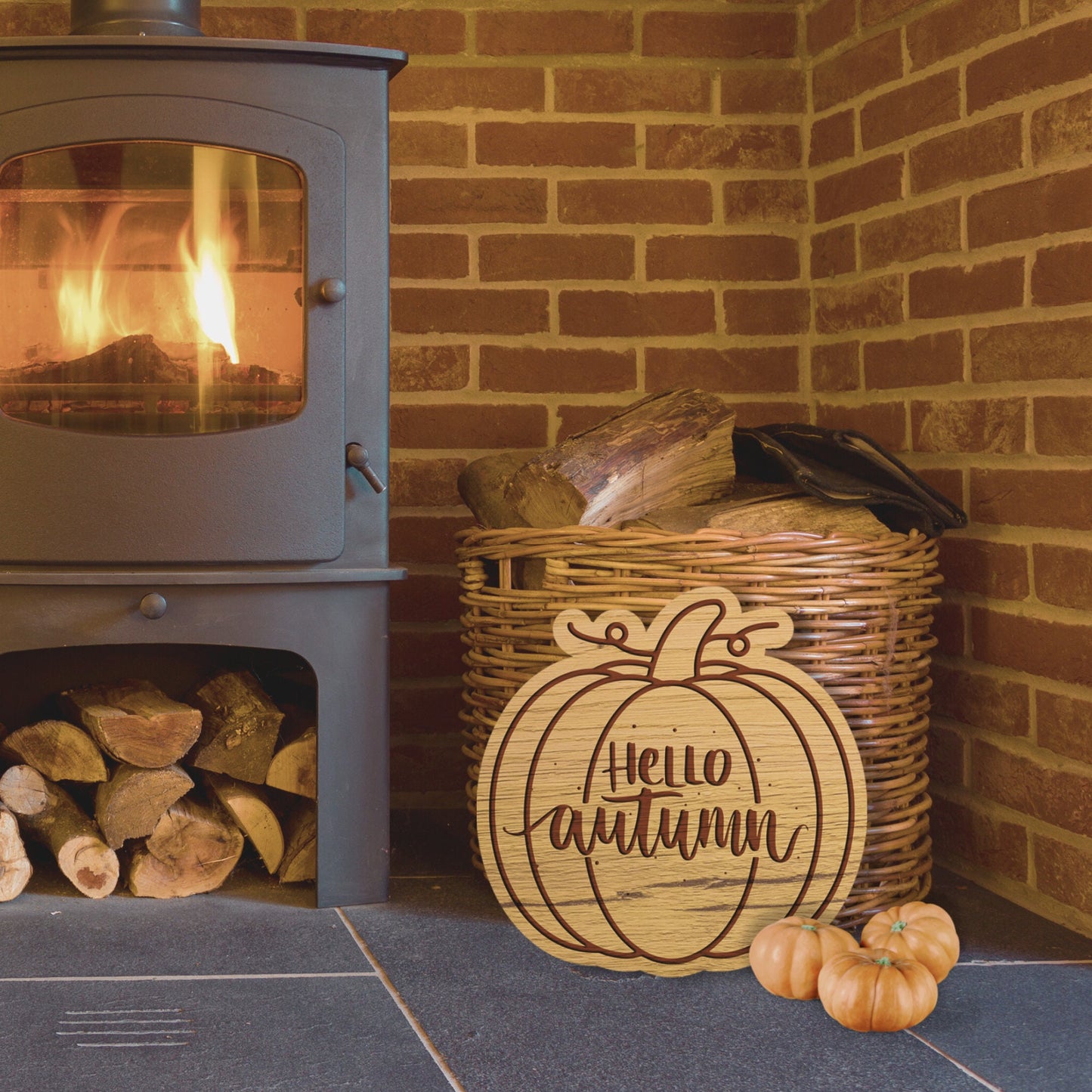 Hello Autumn - Wooden Pumpkin Plaque/Sign For Fall - Cosy Aesthetic, Autumnal Vibes, Subtle, Minimal, Rustic, Modern Halloween Home Decor