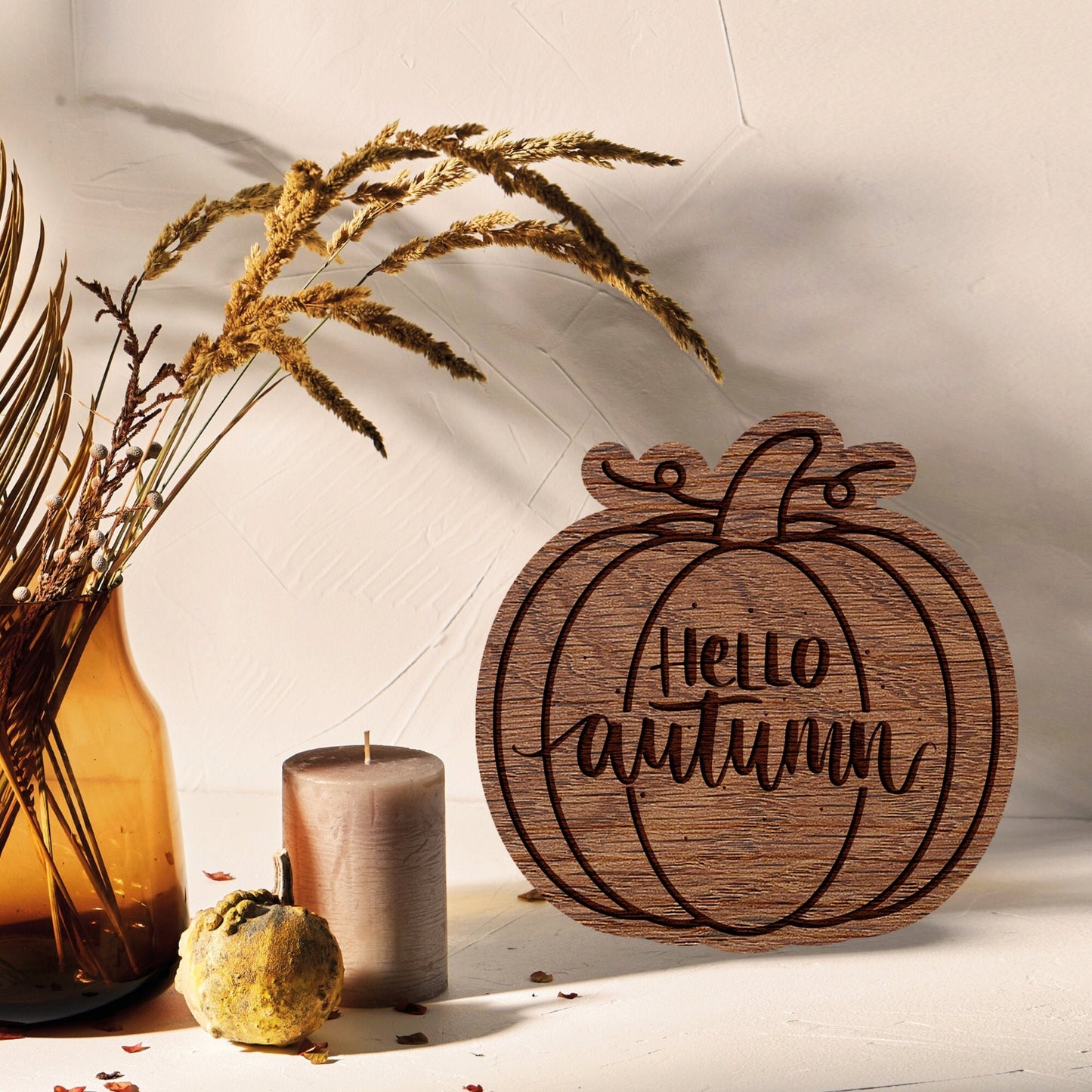 Hello Autumn - Wooden Pumpkin Plaque/Sign For Fall - Cosy Aesthetic, Autumnal Vibes, Subtle, Minimal, Rustic, Modern Halloween Home Decor