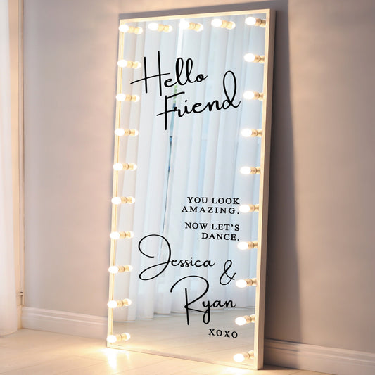 Hello Friend - Personalised Wedding & Anniversary Party Welcome Selfie Mirror Vinyl Decal Sticker for DIY Wedding, Mirror Decor