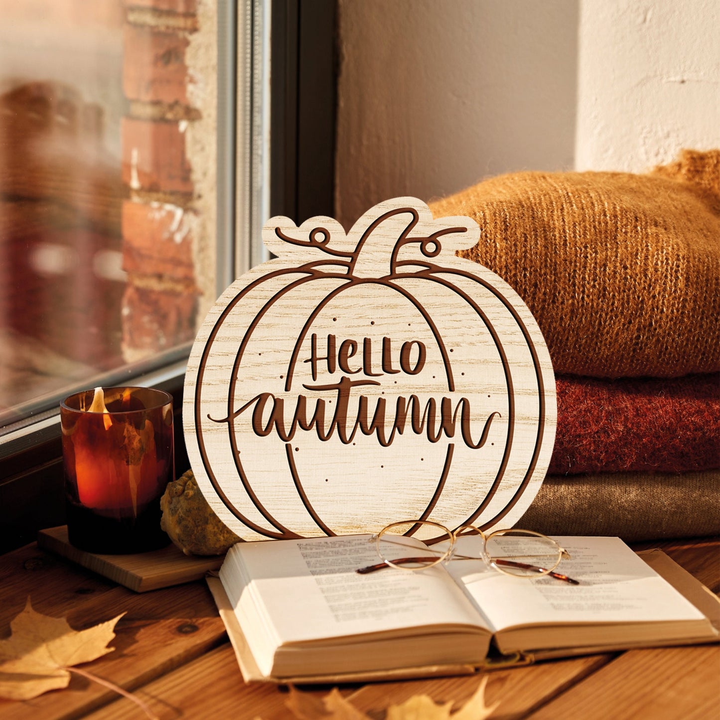 Hello Autumn - Wooden Pumpkin Plaque/Sign For Fall - Cosy Aesthetic, Autumnal Vibes, Subtle, Minimal, Rustic, Modern Halloween Home Decor