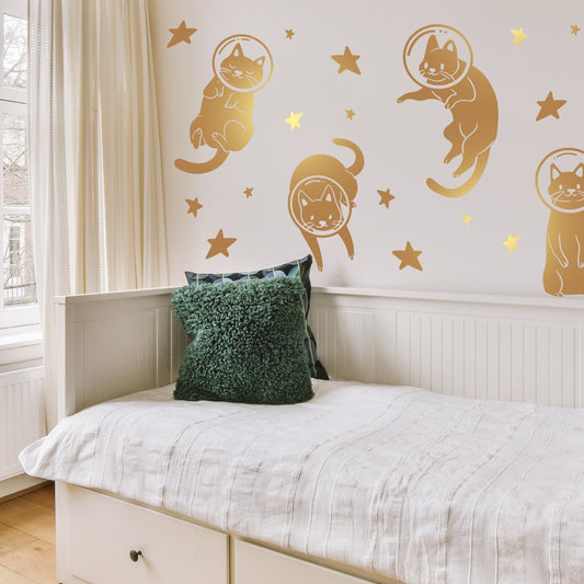 Space Cats Wall Sticker Pack - Cute Funny Cat Themed Home Decor - Great Space Wall Decal For Kids Bedroom, Playroom Or Nursery