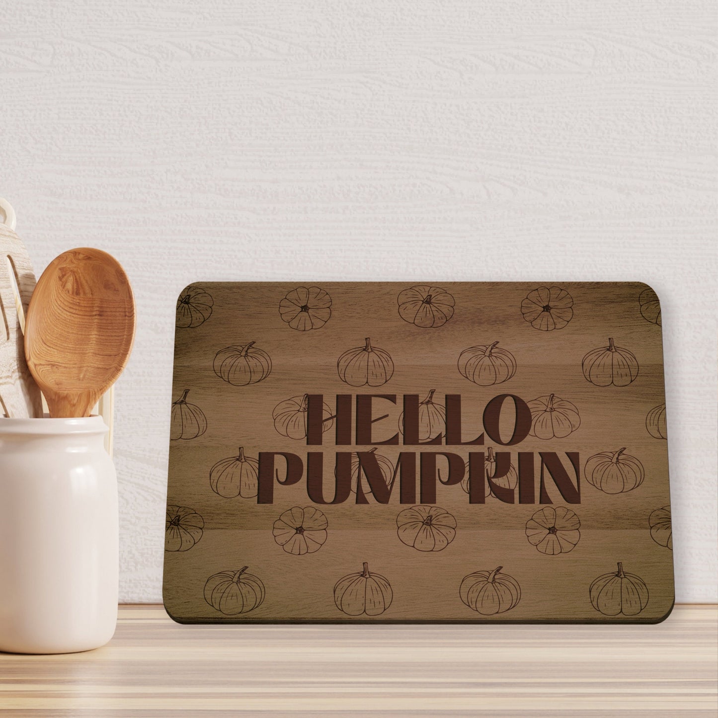 Hello Pumpkin Chopping Board - Autumnal Cutting Board, Kitchen Quote, Subtle Halloween Decoration, Display Shelf Decor, Kitchen Gift