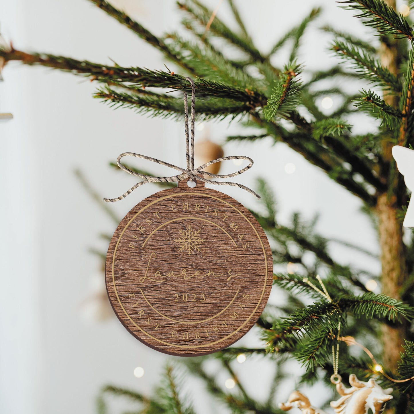 First Christmas Ornament - Personalised 1st Xmas Engraved Wooden Bauble, Cosy Christmas Hanging Baby's Name First Christmas Tree Decoration