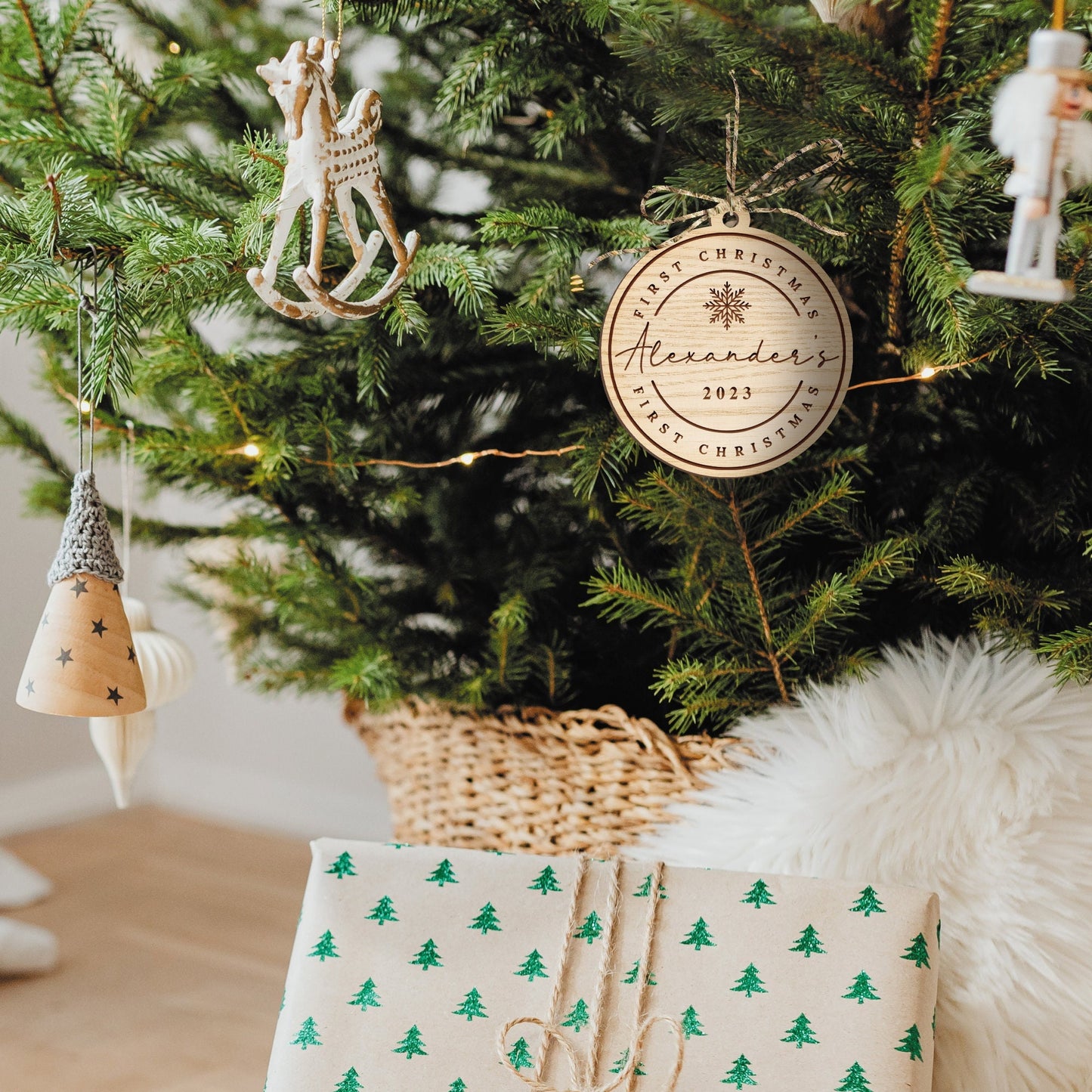 First Christmas Ornament - Personalised 1st Xmas Engraved Wooden Bauble, Cosy Christmas Hanging Baby's Name First Christmas Tree Decoration
