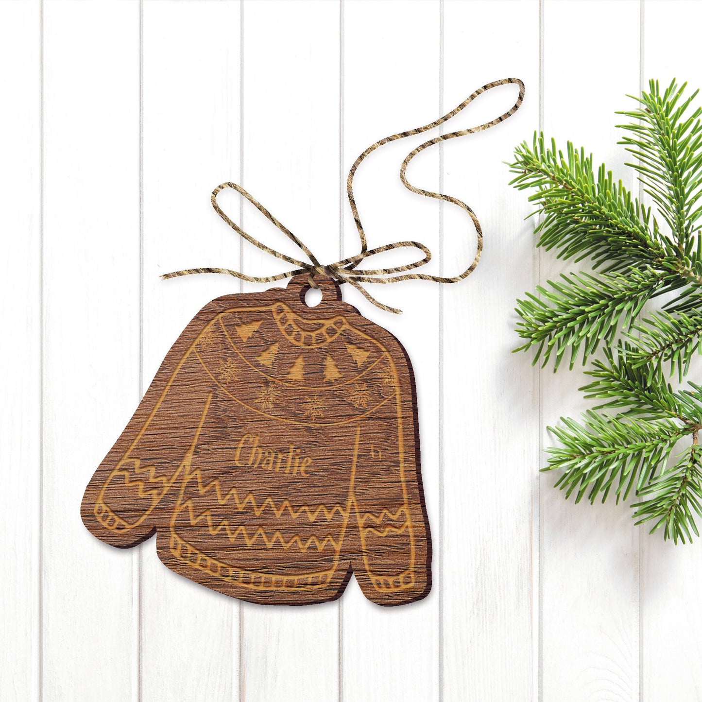 Personalised Christmas Jumper Ornament - Custom Name, Rustic Engraved Wooden Bauble, Jumper/Sweater Hanging Christmas Tree Decoration Gift