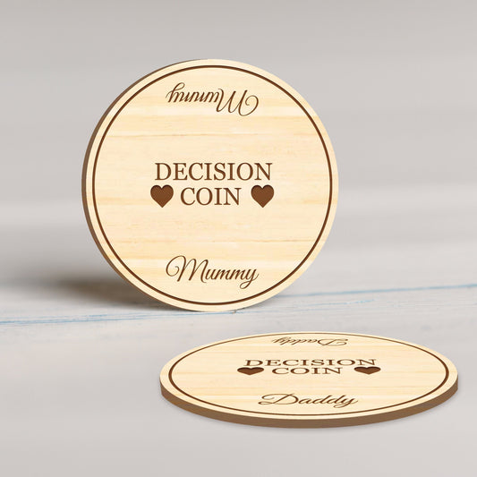 Personalised Decision Coin - Novelty Gift, Engraved Wooden Decision Making Coin, Heads or Tails Coin Flip For Couples, New Parents Gift