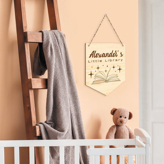 Little Library Wooden Sign - Personalised Sign, Home Decor For Kids Bedroom & Playroom, Story Book Themed Plaque, Reading Corner, Book Shelf