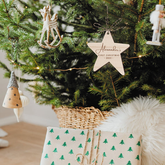 First Christmas Star Ornament - Personalised 1st Xmas Wooden Bauble, Cosy Christmas Hanging Baby's Name First Christmas Tree Decoration