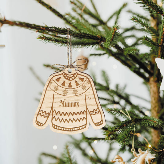 Personalised Christmas Jumper Ornament - Custom Name, Rustic Engraved Wooden Bauble, Jumper/Sweater Hanging Christmas Tree Decoration Gift