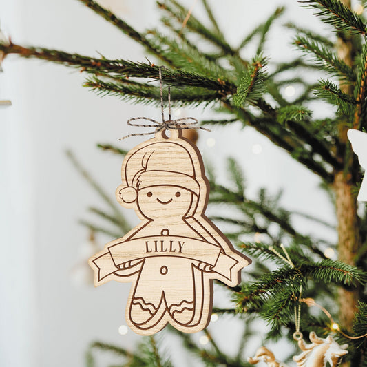Personalised Gingerbread Man Christmas Ornament - Custom Name, Rustic Xmas Christmas Tree Decor, Wooden Gingerbread Person Bauble Decoration