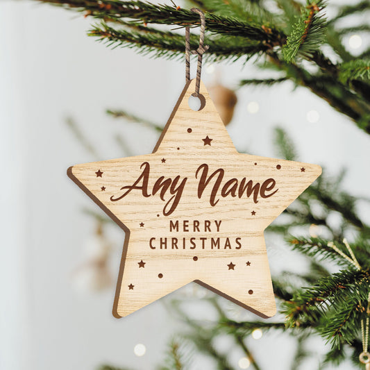 Star & Name Christmas Ornament - Rustic Personalised Wooden Star Bauble, Cosy Christmas Hanging Tree Decoration, Christmas Tree Home Decor