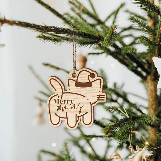 Funny Xmas Cat Ornament -Joke Cat Christmas Tree Decor, Funny Xmas Bauble Decoration, Funny Small Gift, Wooden Xmas Tag, Secret Santa