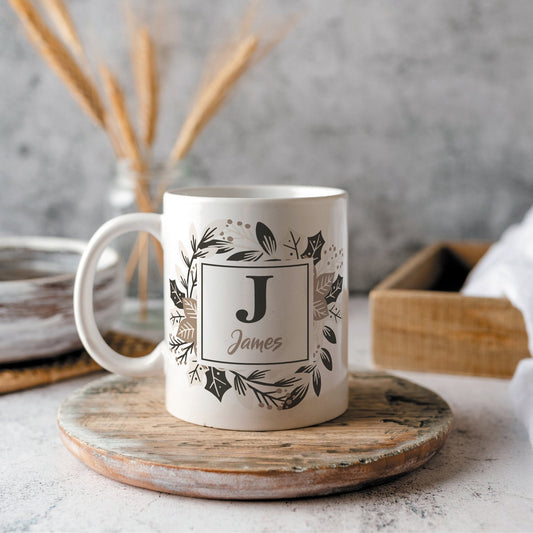 Christmas Initial Mug - Personalised Christmas Themed Mug, Name Mug Gift, Secret Santa Gift, Stocking Filler, Neutral Winter Xmas Home Decor