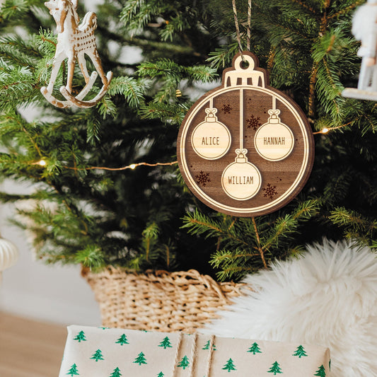 Family Bauble - Personalised Family Names Christmas Decoration, Duel Wood, Custom Hanging Ornament Gift, Christmas Tree Family Keepsake