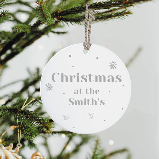 Christmas At The Personalised Family Name Bauble - Custom Name White Acrylic Keepsake Ornament, Clean & Minimal Aesthetic Xmas Home Decor