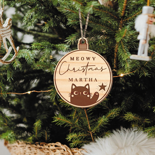 Meowy Christmas Ornament - Custom Cat Themed Xmas Decor Gift, Personalised Name, Cat Christmas Tree Decor, Wood Xmas Bauble Decoration Gift