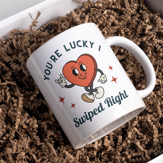 Lucky I Swiped Right: Funny Relationship Mug, Gift for Couples, Online Dating, Gift For Valentines or Anniversary, Joke Mug For Partner