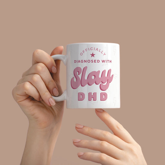 Slay DHD Mug: Pink Funny ADHD Mug, Girly Coffee Cup, ADHD Awareness, Sassy diagnosis mug, Empowering Mental Health Humour, Gift For Her