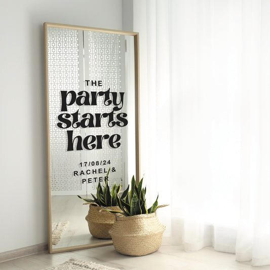 Party Starts Here - Personalised Wedding Vinyl Sticker: Custom Name & Date, Wedding Welcome Quote Party Decor, DIY Decal For Mirror or Sign