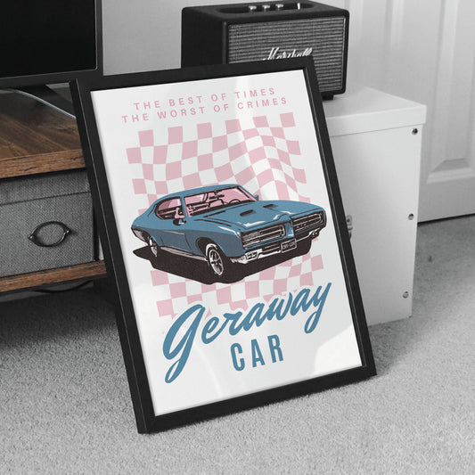 Getaway Car - Checkered Poster: Cute Song-Inspired Gloss Print, Quote Poster, Home Decor, Vintage Car, Unique Gift Idea For Music Lover