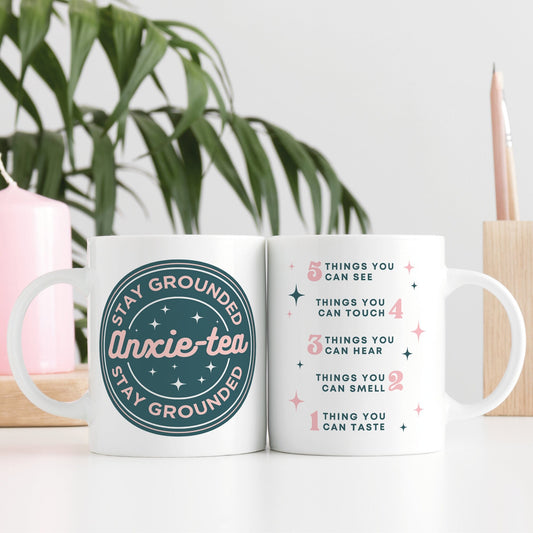 Anxie-tea Mug - Retro Blue: Unique Anxiety Mug, Grounding Technique, Neurodivergent, Empowering Gift, Self Care Awareness, Mindful Gift