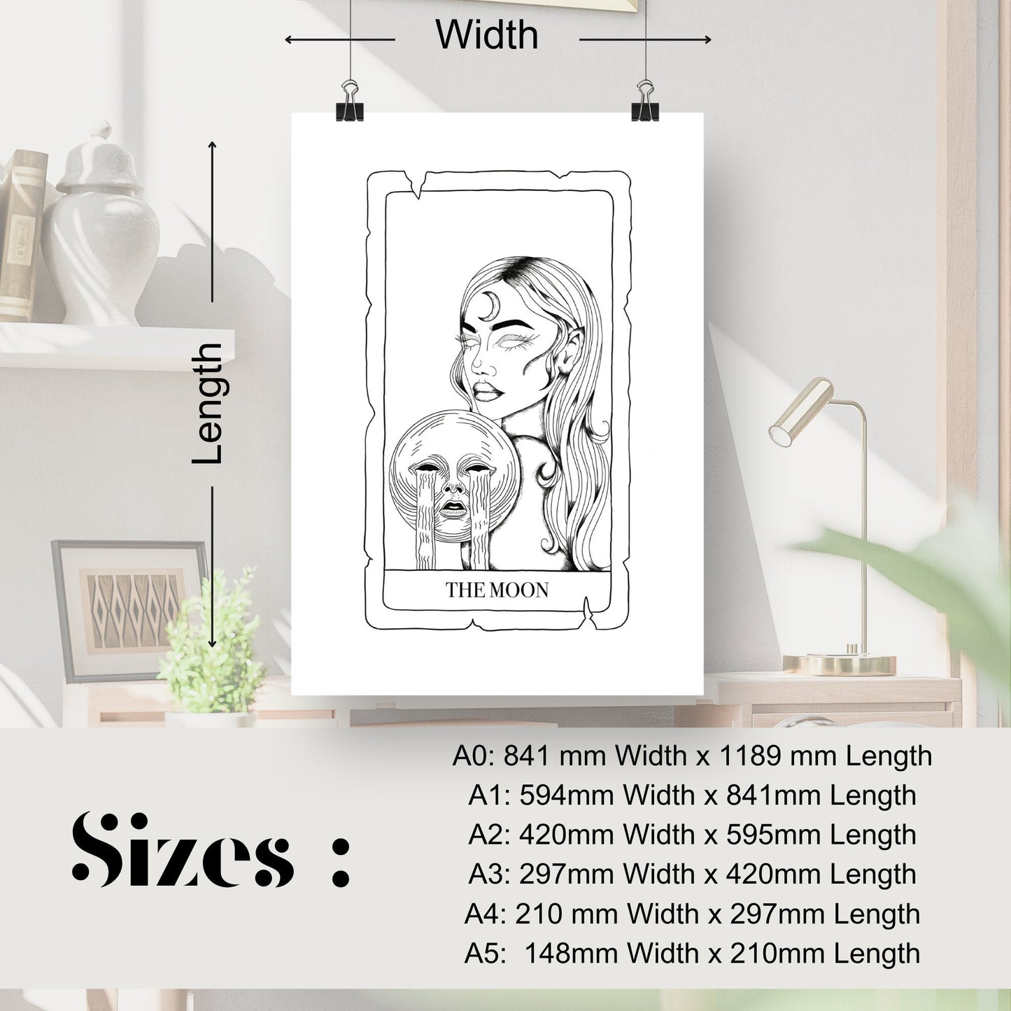 The Moon Tarot Card Poster, Tarot Design, The Moon Card, Tarot Poster, Psychic Painting Print, Tarot Wall Art