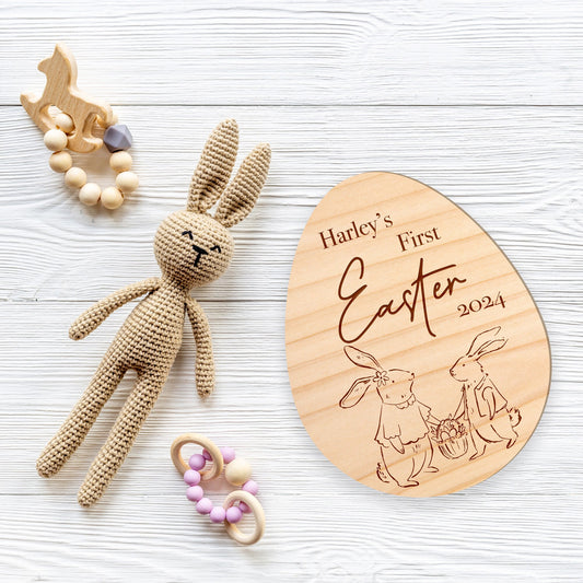 Personalised First Easter Egg: Rabbit Design, Wooden Egg, Custom Name, First Easter Pictures, First Easter Design, Baby's First Easter