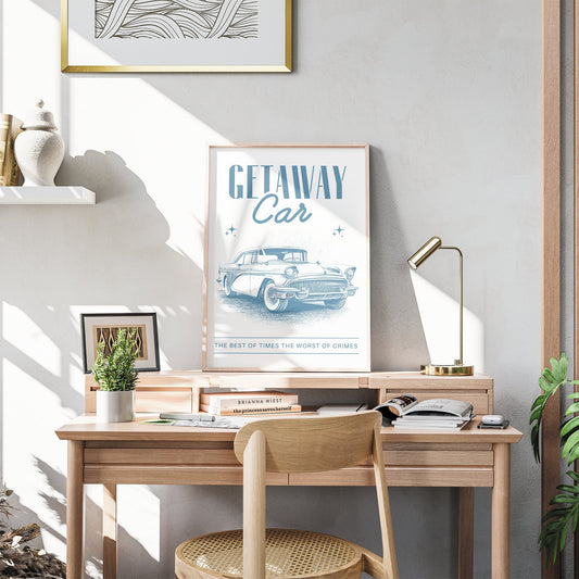 Getaway Car - Blue Sketch Poster: Cute Song-Inspired Gloss Print, Quote Poster, Home Decor, Vintage Car, Unique Gift Idea For Music Lover