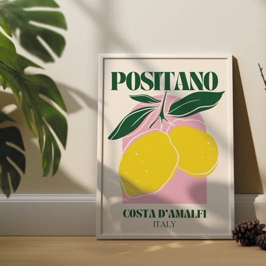 Positano - Amalfi Italy Print: Modern Italian Location Poster, Amalfi Coast Aesthetic, Home Decor, Lemon Illustration, Mediterranean, Travel