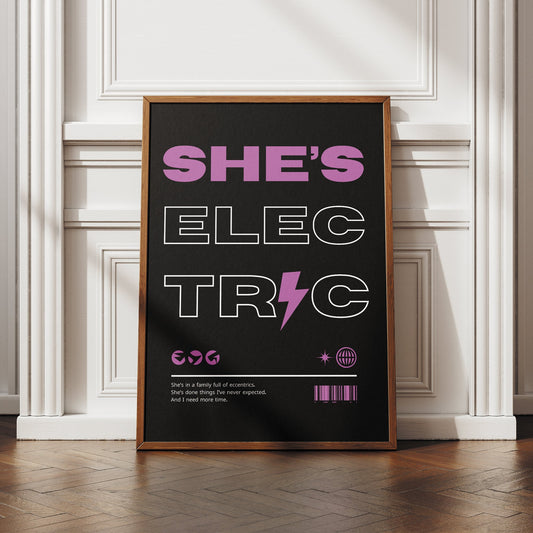 She's Electric - Black & Purple Poster: Song-Inspired Gloss Print, Iconic Quote Wall Art, Britpop Home Decor, Retro Print, Music Lover