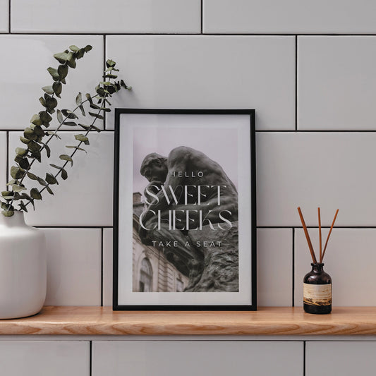 Sweet Cheeks - Sitting Statue Poster: Unique Bathroom Print, Toilet Poster, Bathroom Wall Art, Toilet Bathroom Poster, Cool Funny Home Decor