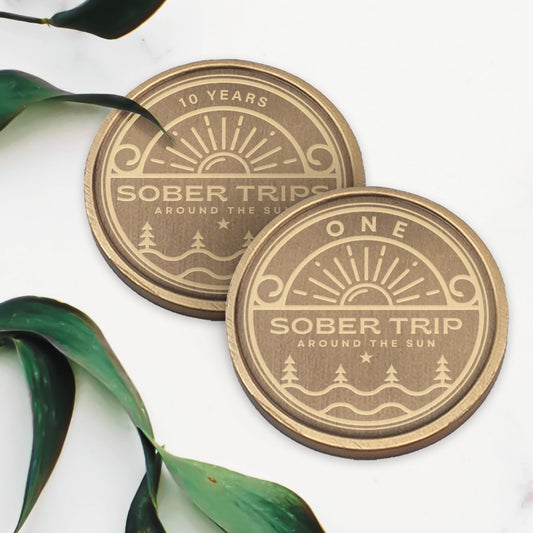 Sun Trip Mountains - Sobriety Coin: Custom Sobriety Token, Personalised Milestone, AA Chip Sober Gift, EDC Recovery Reminder, Sober Keepsake