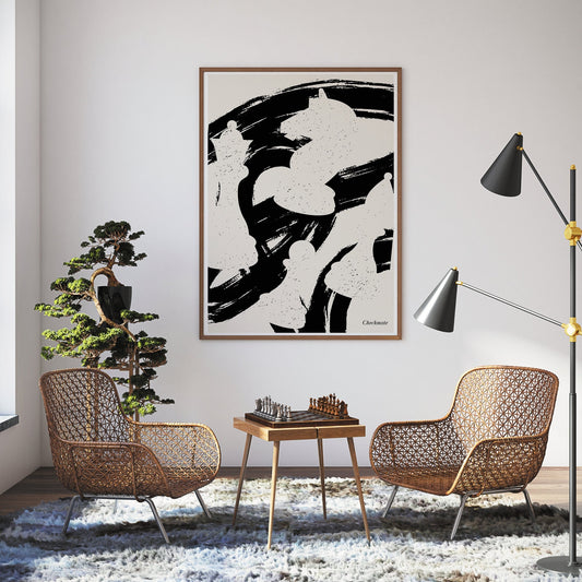 Chess Pieces - Checkmate print: Chess Lover Poster, Black & White Home Decor, Game room, Wall Art Illustration Mid Century Modern Art