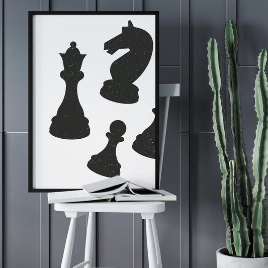 Chess Pieces Print: Chess Lover Poster, Black & White Home Decor, Game room, Wall Art Illustration Mid Century Modern Art