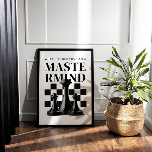 Mastermind - Bold & Black Chess Print: Chess Lover Poster, Home Decor, Game room, Wall Art Illustration Mid Century Modern Art, Music Quote
