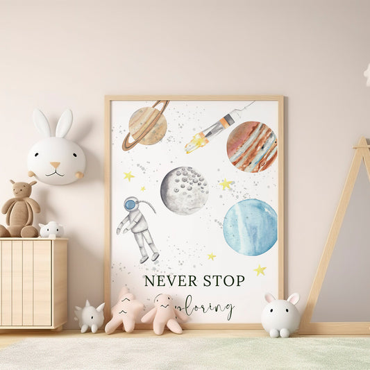 Never Stop Exploring Space Poster: Illustrated Out Of Space Print, Kids Poster, Kids room decor, Nursery Poster, Space poster, Inspirational
