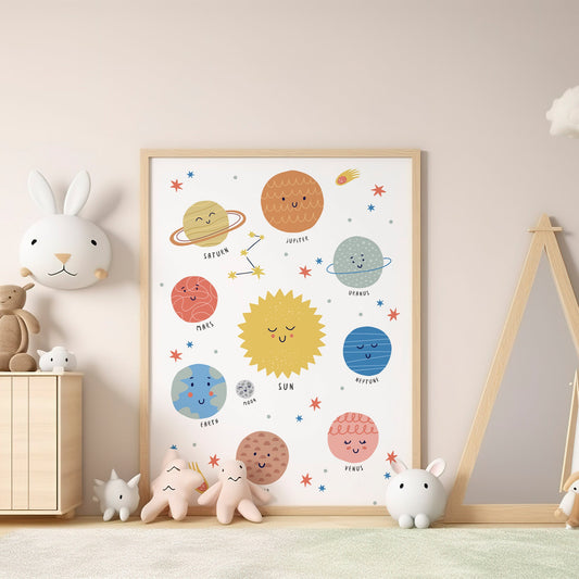 Smiley Solar System Poster: Illustrated Planet Prints, Kids Poster, Kids room decor, Nursery Poster, Solar System Illustration, Fun Poster