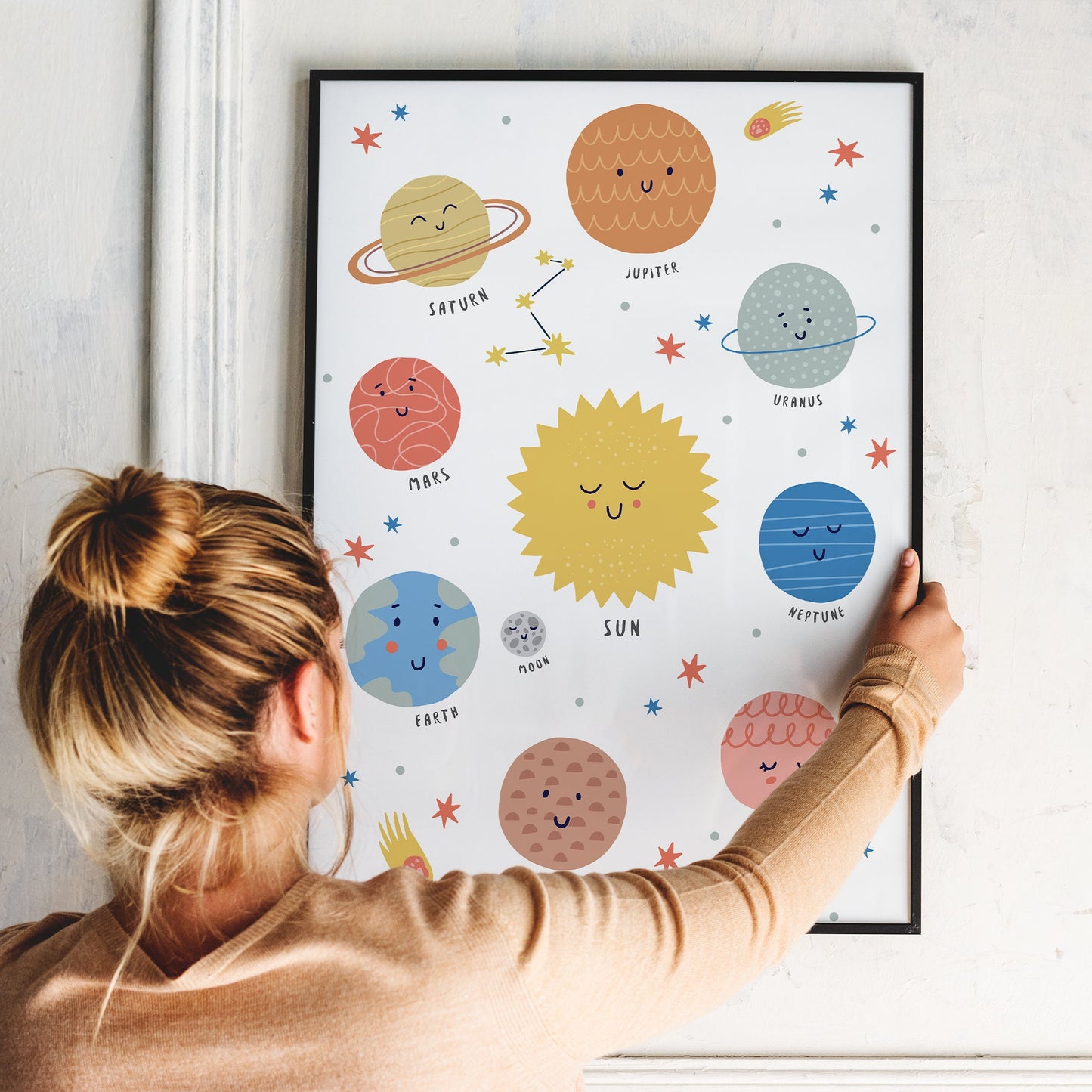Smiley Solar System Poster: Illustrated Planet Prints, Kids Poster, Kids room decor, Nursery Poster, Solar System Illustration, Fun Poster