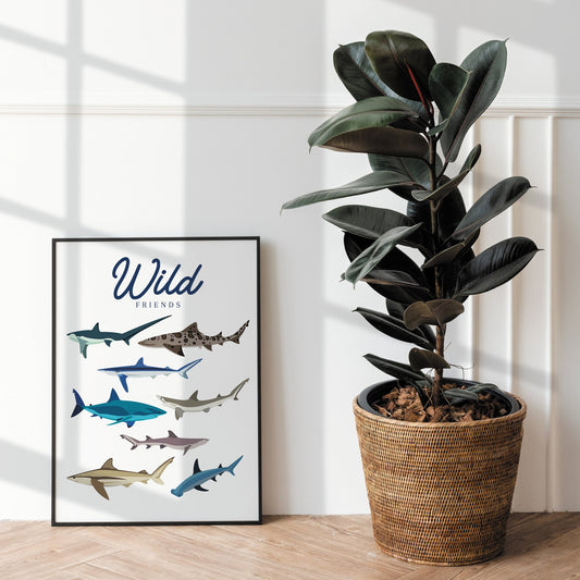 Wild Friends - Shark Print: Animal Theme, Illustrated Shark Poster, Ocean Home Decor, Sea Wall Art, Kids Bedroom Decor, Shark Lover