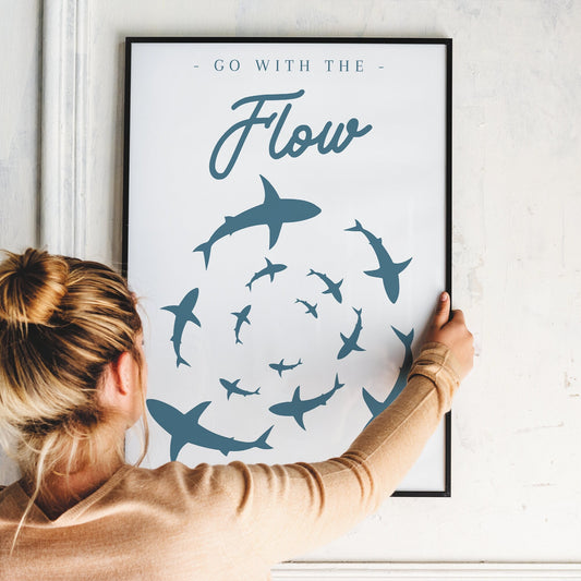 Shark Circle - Go with The Flow: Animal Theme, Illustrated Shark Poster, Ocean Home Decor, Sea Wall Art, Kids Bedroom Decor, Shark Lover