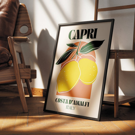 Capri - Amalfi Italy Print: Modern Italian Location Poster, Amalfi Coast Aesthetic, Home Decor, Lemon Illustration, Mediterranean, Travel